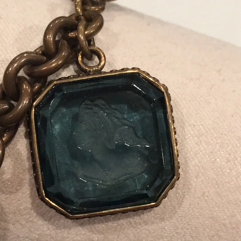 Blue & Antiqued Gold Chain Link Bracelet w/ Square Gemstone